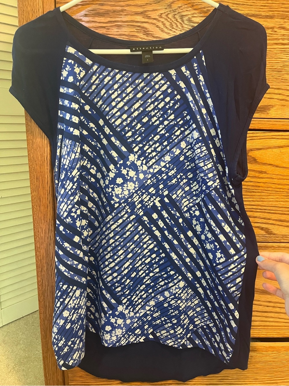attention Navy & White Graphic Print Short Sleeve Top